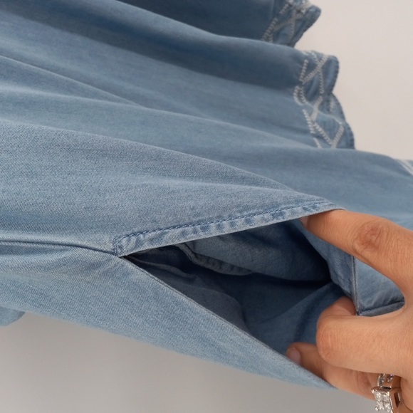 Chambray Ombre Tiered Sleeves Dress Off Shoulder Embroidered Hem by C Est. 1946 - Picture 6 of 10